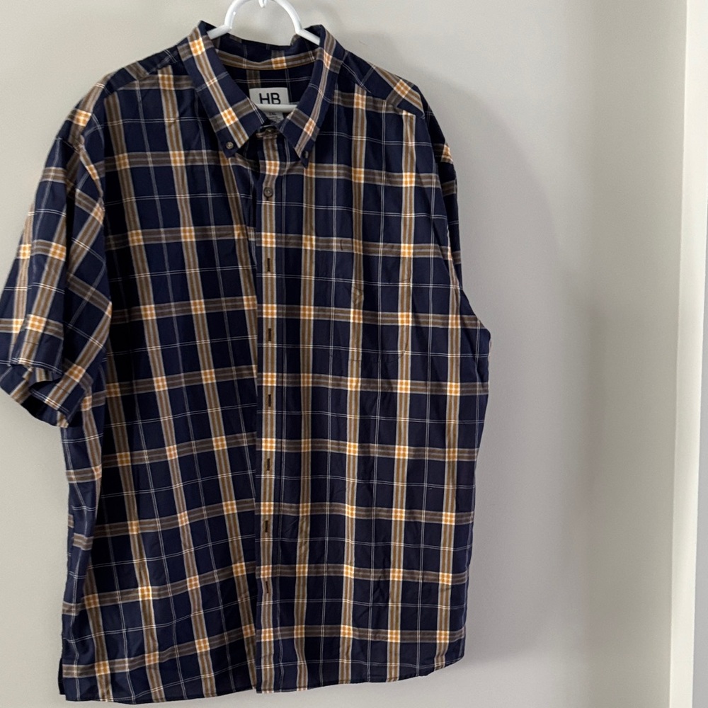 HB Men's Casual Navy and Yellow Plaid Shirt